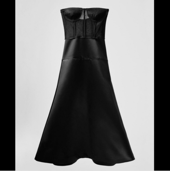 NWT Zara Studio | Limited Edition Black Bustier Strapless A-Line Midi Dress - Picture 3 of 11